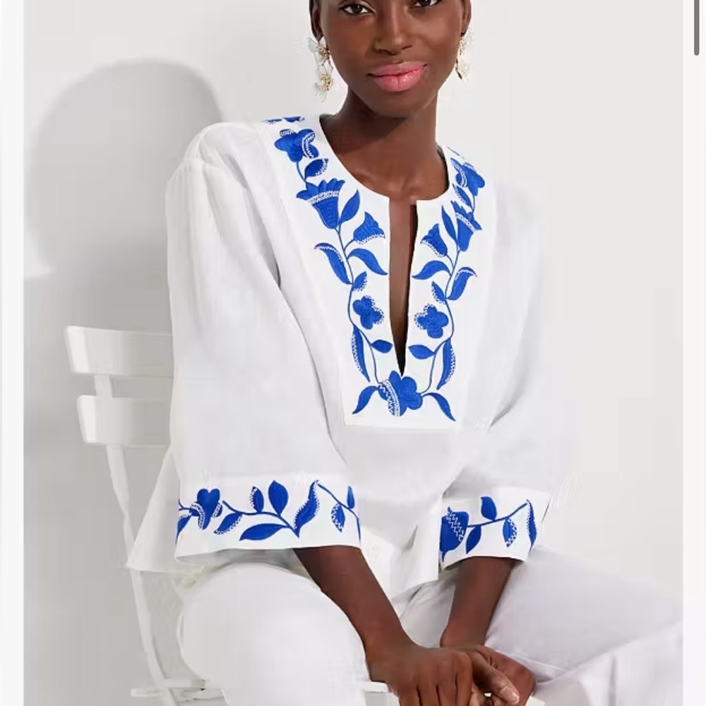 KATE SPADE Embroidered Zigzag Floral Linen Top Size Medium